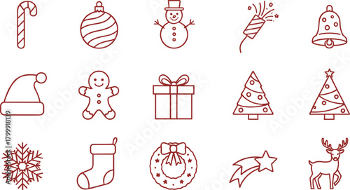 Christmas line art icons clipart set, minimalist holiday doodles, winter outline illustrations for cards, stickers, planners and sublimation