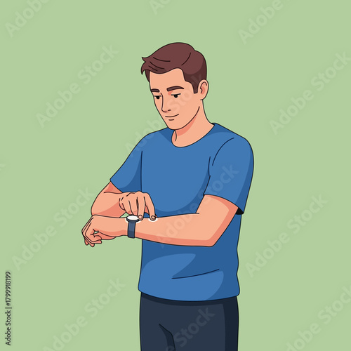 A young man in a blue t-shirt looks down at his watch, checking the time against a plain green background.
