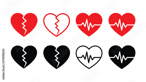 Broken heart and heartbeat line icons set in red and black, symbolizing love, loss, health, emotion, life, and relationship challenges.