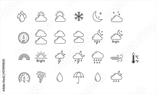 Set of Icons Representing Various Weather Conditions and Climate Phenomena
