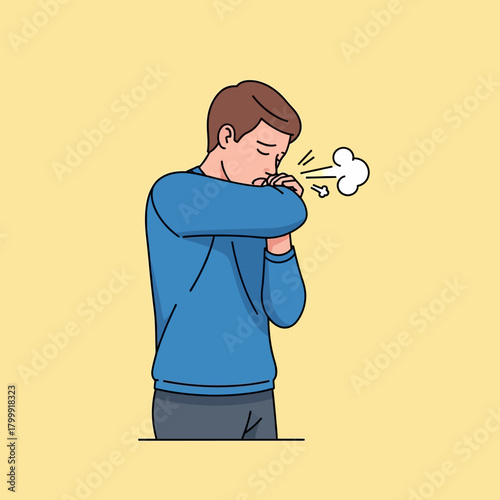 A young man in a blue shirt coughing or sneezing into his elbow, demonstrating proper hygiene etiquette.