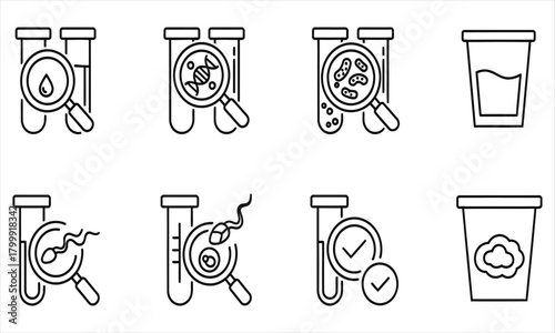 Clinical laboratory diagnostics and sample analysis thin line icons set for medical testing