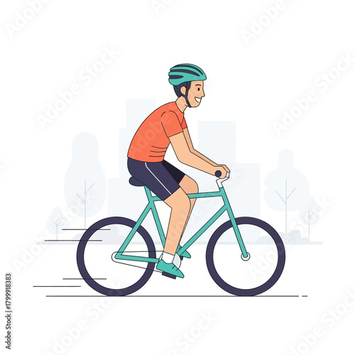 A smiling young man in a helmet enjoys a bike ride through a modern city park illustration.