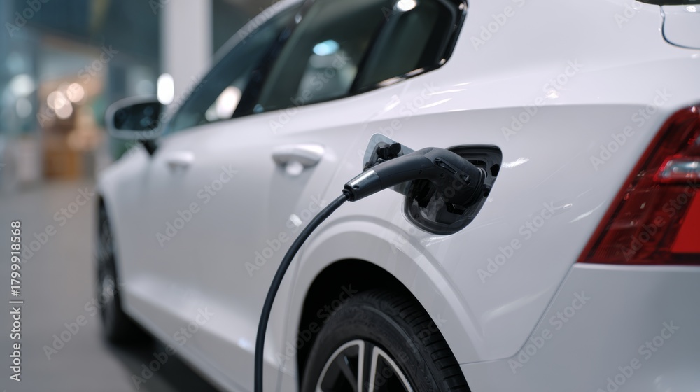 Fototapeta premium A sleek white electric vehicle charging in a modern garage, showcasing its eco-friendly technology.