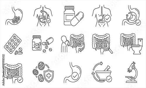 A comprehensive set of line icons representing gut health, digestive system, and gastroenterology. Vector symbols for probiotics and medical treatment