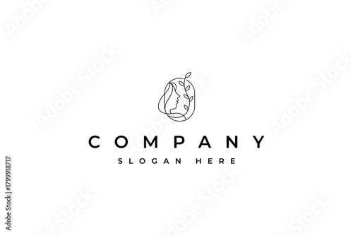 beauty logo with woman inside leaf oval frame style, nature organic line art style concept
