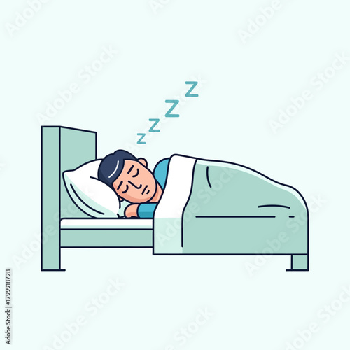 Cartoon vector illustration of a man sleeping soundly in a comfortable bed with Zzzs floating above.