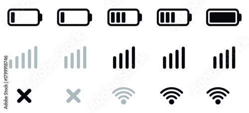 Digital device status icons set showing battery charge level, cellular network reception strength, and wi-fi connection indicators with various states for modern ui