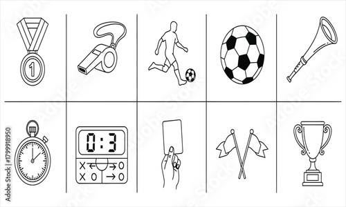 Collection of Soccer Icons Medal, Whistle, Player, Ball, Horn, Stopwatch, Scoreboard, Card, Flags, Trophy