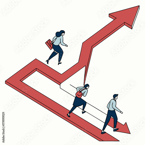 Business people running up a red arrow graph symbolizing growth and success in a career
