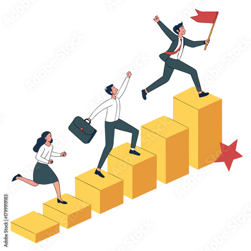 Business people climbing stairs representing career growth and success with a flag at the top