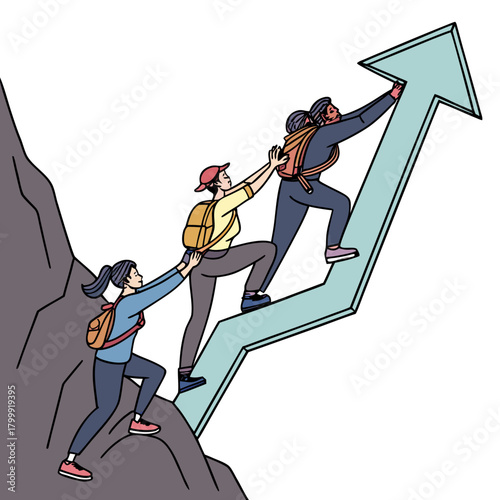 Teamwork and collaboration help people climb a mountain and ascend an upward trending arrow graph