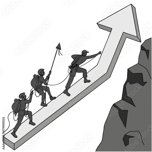 Team of climbers ascending a steep arrow representing growth and success towards a rocky summit