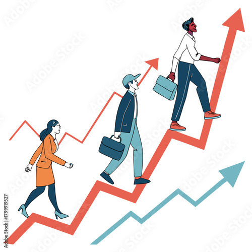 Diverse professionals ascend a rising graph symbolizing career growth and financial success