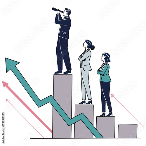 Business leader with telescope on highest bar looks to future growth with team observing progress