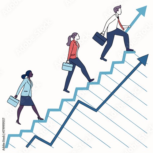 Diverse business professionals climbing stairs representing growth and success on a financial graph