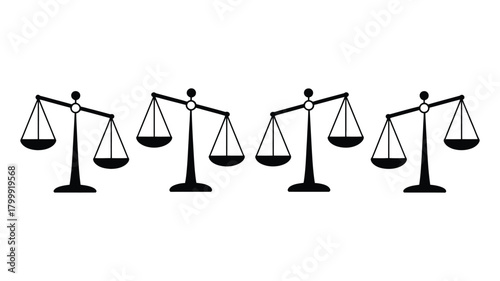Four perfectly balanced scales of justice symbolizing equality, fairness, and legal principles in a clear, concise, and professional visual representation.