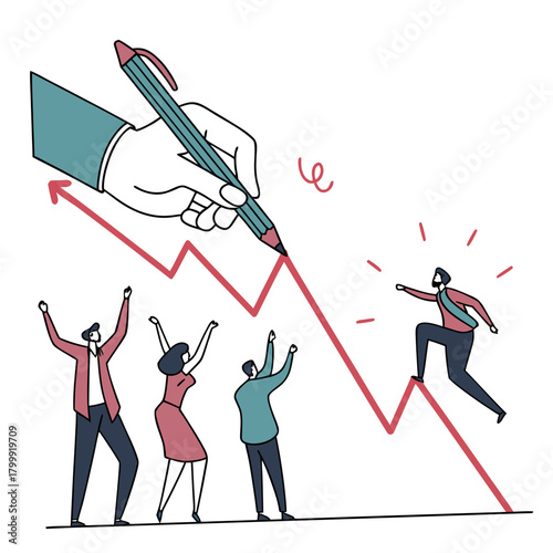 Giant hand draws a downward trend line affecting people s success and one person s triumph