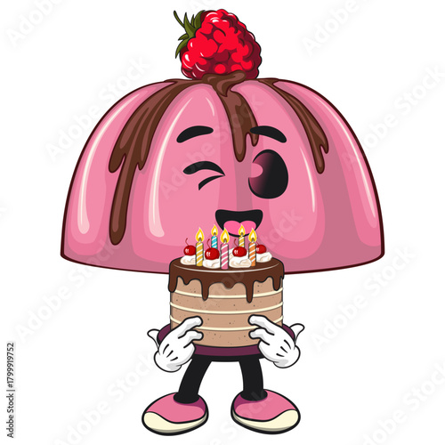 cute pink jelly dessert mascot cartoon vector food illustration, adorable raspberry pudding character with Chocolate Topping bring a birthday cake, work of hand drawn