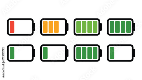 Battery charge level indicator icons set depicting various states from empty red to full green, essential for digital device interface design.