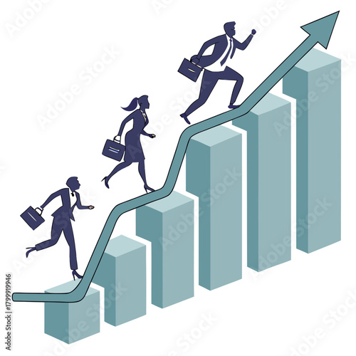 Business professionals running up a rising graph symbolizing growth and success in their careers