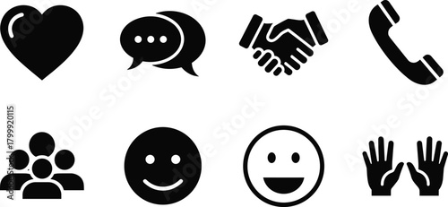 Communication, teamwork, and emotion icons set with heart, chat, handshake, phone, smiley faces, hands, and people silhouette vector illustration for design and business