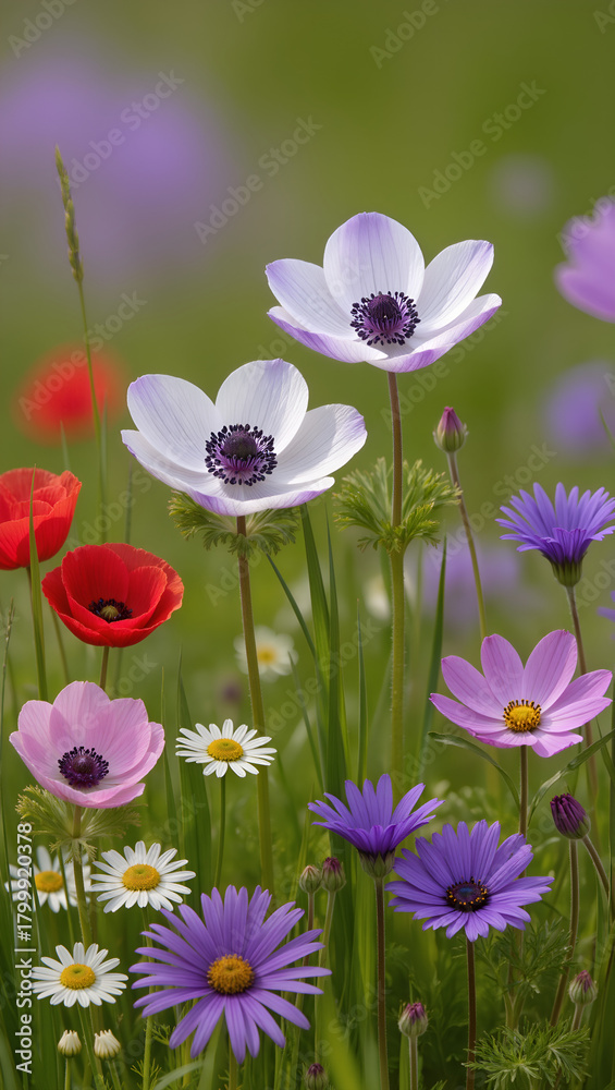 Fototapeta premium Vibrant Wildflower Meadow Close‑Up Featuring White Anemones, Red Poppies and Purple Daisy Blossoms