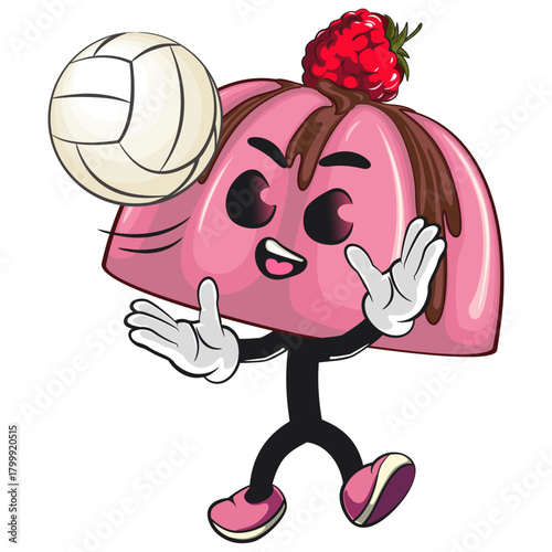 cute pink jelly dessert mascot cartoon vector food illustration, adorable raspberry pudding character with Chocolate Topping serve volleyball, work of hand drawn