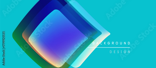 Abstract geometric shapes overlap, creating vibrant color gradients. Turquoise background complements layered squares, modern design element.