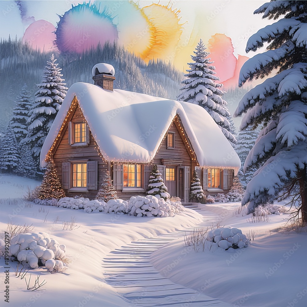 Fototapeta premium Winter cabin in snow landscape covered roof tranquil rural scene drawing