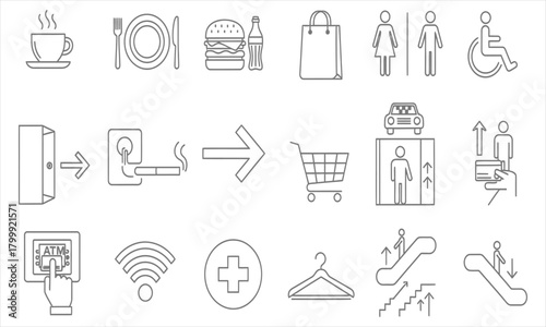 Set of line icons representing various services and amenities found in public spaces and commercial establishments