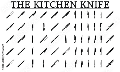 Collection of kitchen knives arranged in rows on white background.