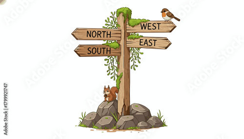 Directional signpost in a natural setting with a squirrel and a robin indicating North, South, East, and West