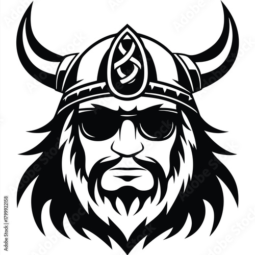 Stern viking with long beard wears horned helmet and sunglasses in monochrome