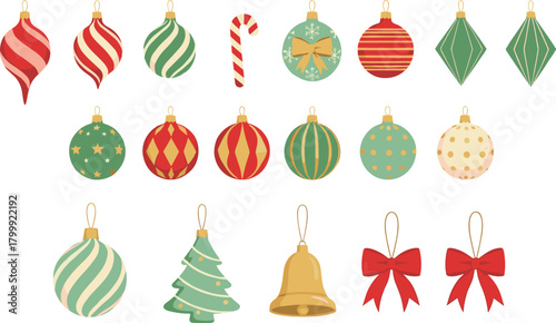 Christmas ornaments clipart PNG bundle retro baubles candy cane bells bows holiday decorations for cards crafts sublimation