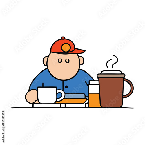 A lazy worker lounges with a steaming mug in a playful coffee-break design, capturing a relaxed moment with slouched posture, cozy vibes, and lighthearted workplace humor.