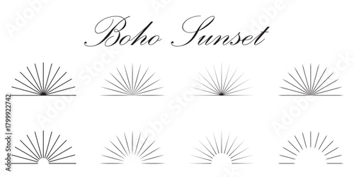 Boho sunburst logo, sun line art vector. Sunset sunrise stock vector logo design. Boho style Sunburst and sunrise icons in editable stock. Vintage sunburst, sunset beams, half circle sunrise. 