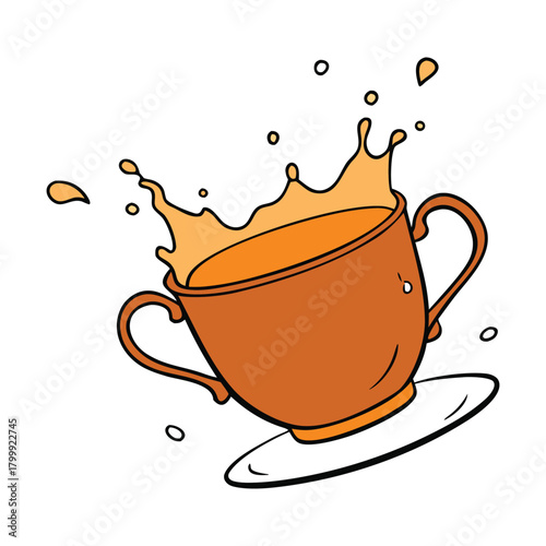 A dramatic splash of falling tea erupts in midair, droplets scattering in fluid motion as the warm liquid cascades downward, capturing a moment of motion, energy, and elegance.”