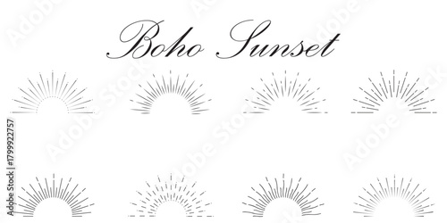 Boho sunburst logo, sun line art vector. Sunset sunrise stock vector logo design. Boho style Sunburst and sunrise icons in editable stock. Vintage sunburst, sunset beams, half circle sunrise. 
