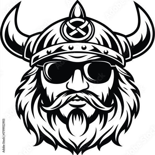 Monochrome viking warrior sporting sunglasses and horned helmet embodies bold masculinity in silhouette