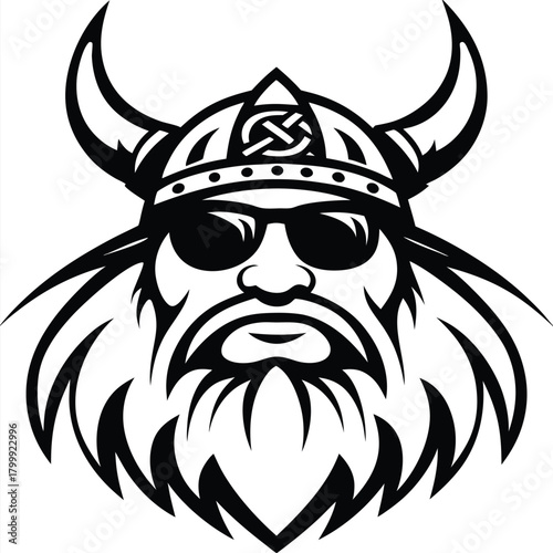 Monochrome illustration shows bearded Viking wearing sunglasses and horned helmet looking cool