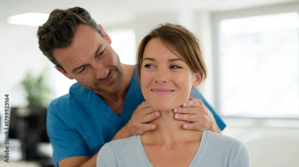 Fototapeta premium A smiling woman receives a gentle neck massage from a focused male therapist in a bright, modern clinic.