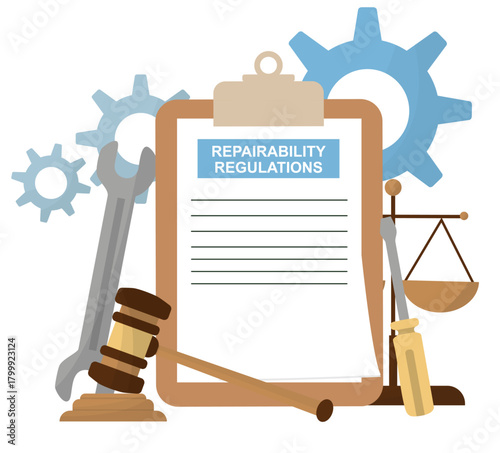 Repairability Legislation Document isolated. Legislative compliance visualization presenting repairability regulations. Consumer advocacy enforcement mechanisms. Vector illustration