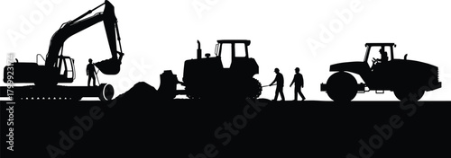 Construction site with excavator, bulldozer, roller and workers, teamwork on road building, heavy machinery, industrial development, labor, and engineering vector illustration