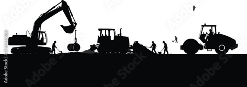 Construction site with heavy machinery and workers building road, excavator, bulldozer, roller, teamwork, industrial equipment, infrastructure, labor, and engineering vector illustration