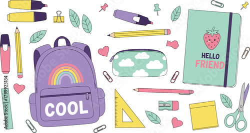 Cute back to school vector set with backpack, notebook, pencil case, markers, ruler, scissors, paper clips and colorful stationery supplies