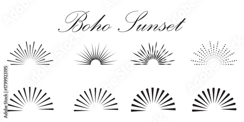 Boho sunburst logo, sun line art vector. Sunset sunrise stock vector logo design. Boho style Sunburst and sunrise icons in editable stock. Vintage sunburst, sunset beams, half circle sunrise. 