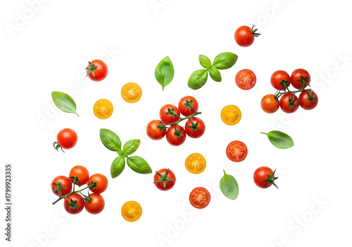 Fresh cherry tomatoes and basil leaves scattered artfully on a dark surface for culinary inspiration transparent background
