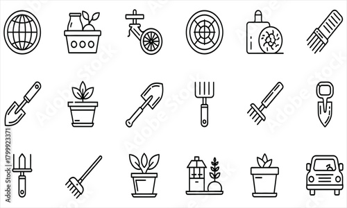 Sustainable Gardening and Agriculture Outline Icons Set featuring Plant Growth, Farm Tools, and Botanical Elements for Eco-Friendly Projects