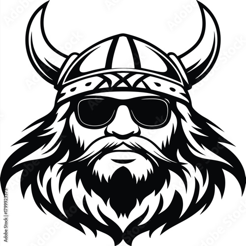 Intricate portrait shows Viking with horned helmet and sunglasses wearing long beard in black
